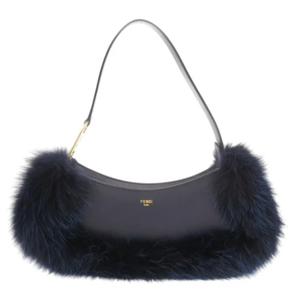Fendi Auroch Swing Leather Fox Fur Navy Blue Shoulder Bag Handbag